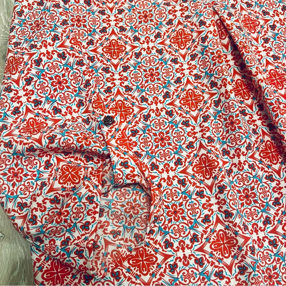 Pink Owl 3/4 Sleeve Tunic Blouse Top Red Turquoise Coral White V Neck - Picture 2 of 8